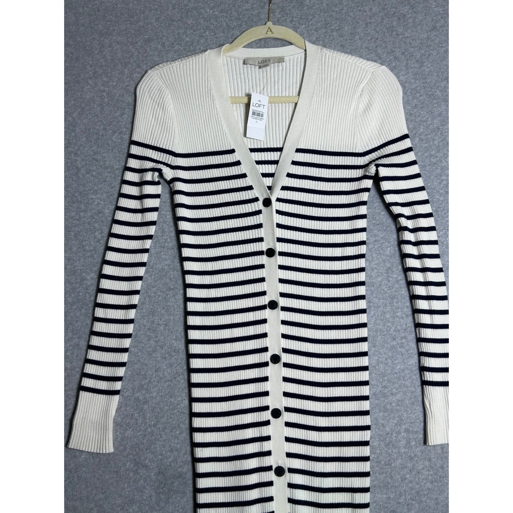 New LOFT Ribbed Knit Midi Dress Womens S Ivory Navy Striped Button Front Coastal - Picture 3 of 6